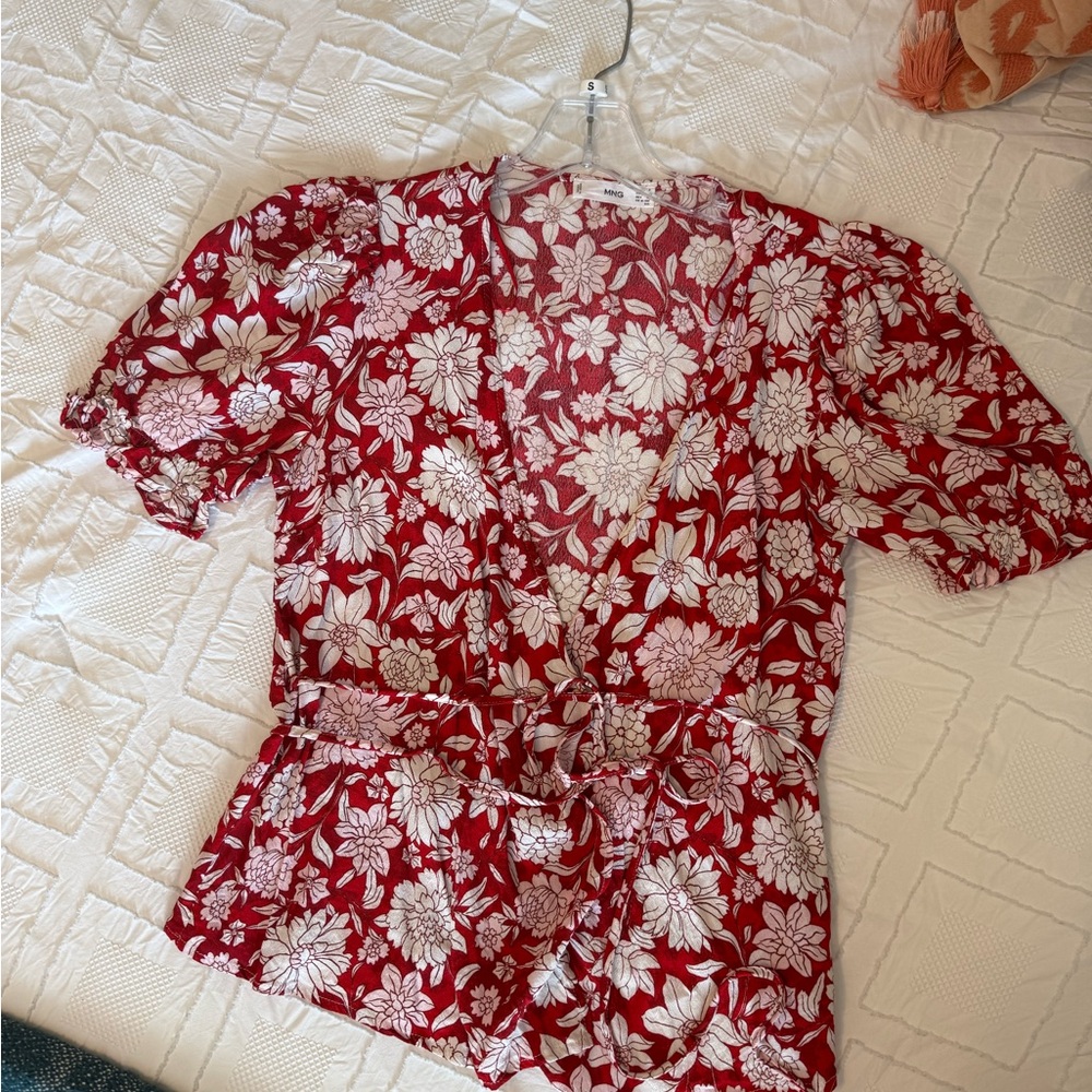 Floral Red and White Women's Wrap Top